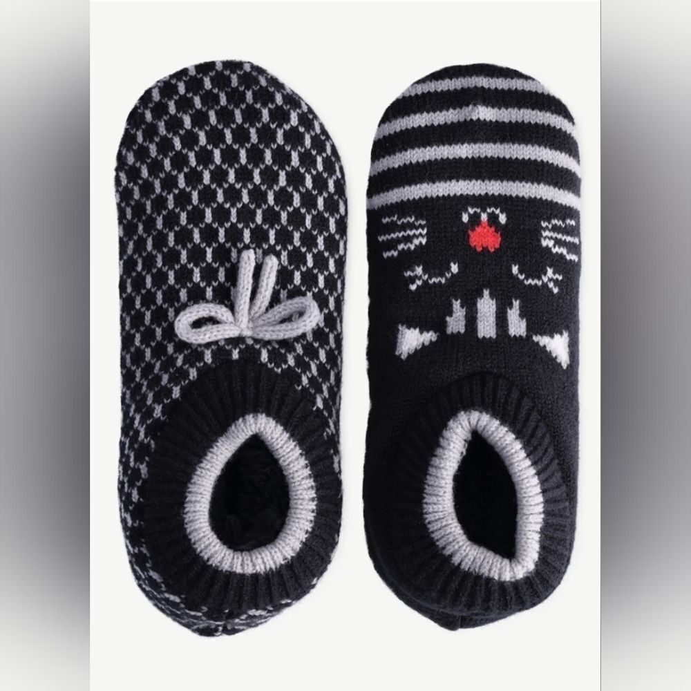 🩵NWT Joyspun Black & Gray Cat Face Two Pack Slipper Socks Size 4-10